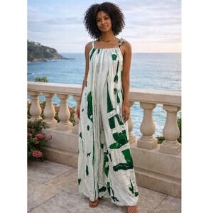Diarrablu MD Abstract White Green Print Shinny Sleeveless Flowy Jumpsuit